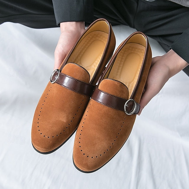 Loafers Faux Men's Brown Slip-On Suede Buckle Strap with