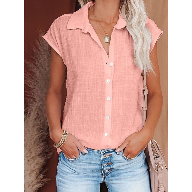 Women's Shirt Button Down Blouse Solid Color Plain Basic