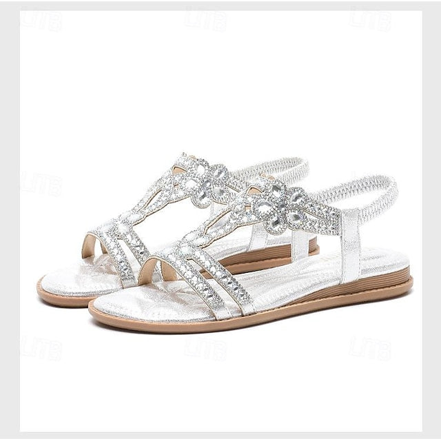 – T-Strap Women's Silver Boho Rhinestone Sandals Flat