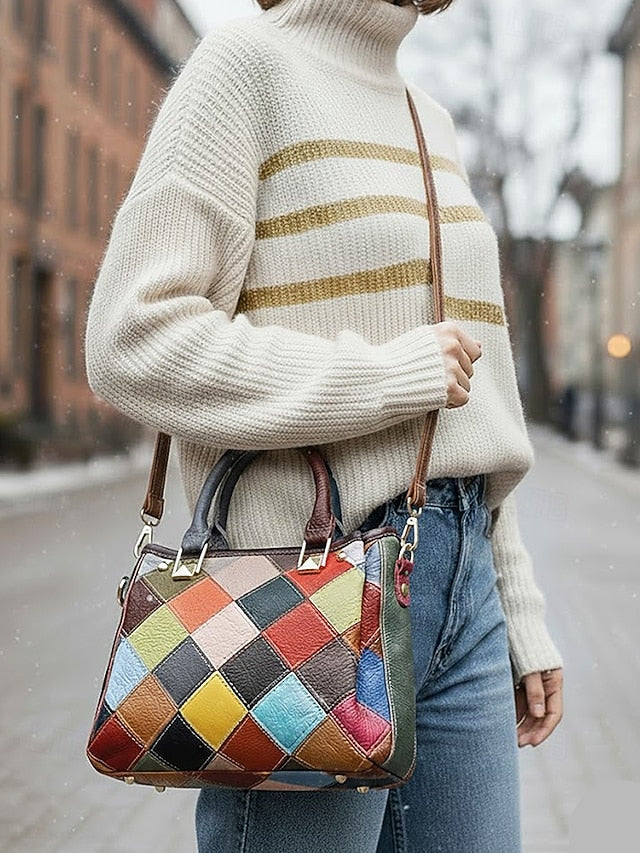 Women's Leather Handbag, Multi-Color Patchwork Design,