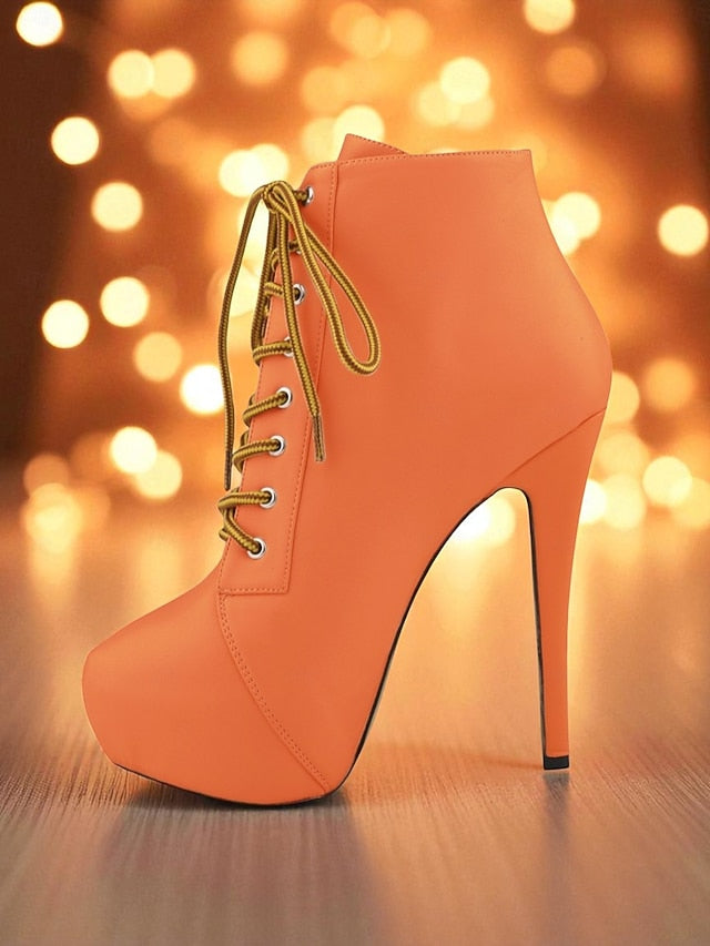 - Ankle Lace-Up Boots Leather Women's Beige Faux Platform