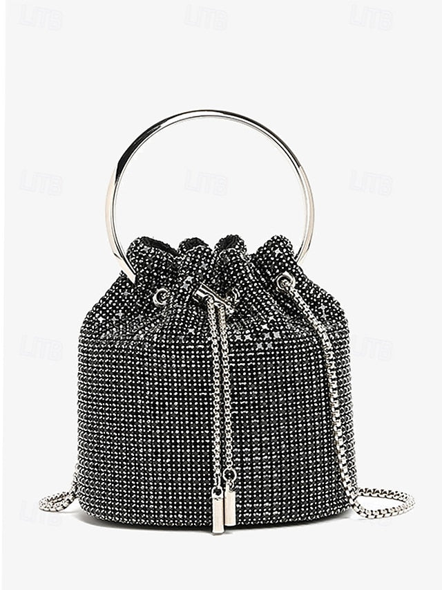 Sparkling Rhinestone Bag with Silver Bucket Women's Metal