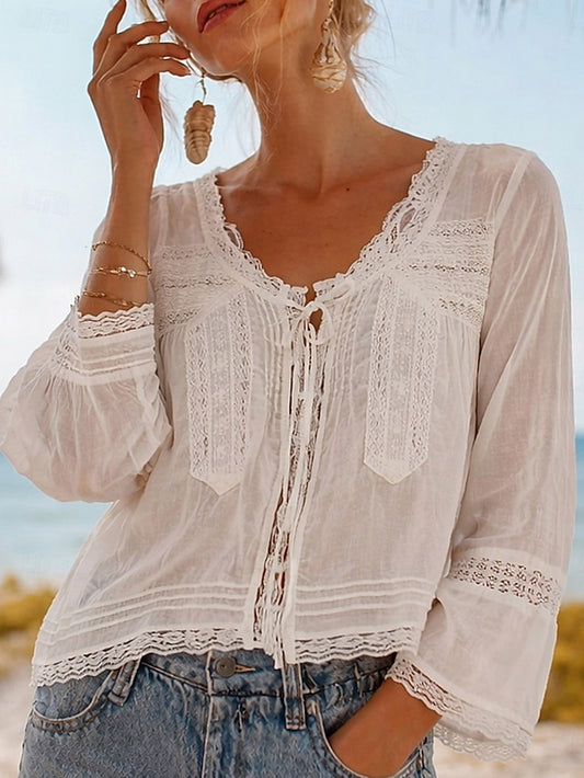 Women's Blouse Lace Solid Color Bohemia Vintage Casual Long