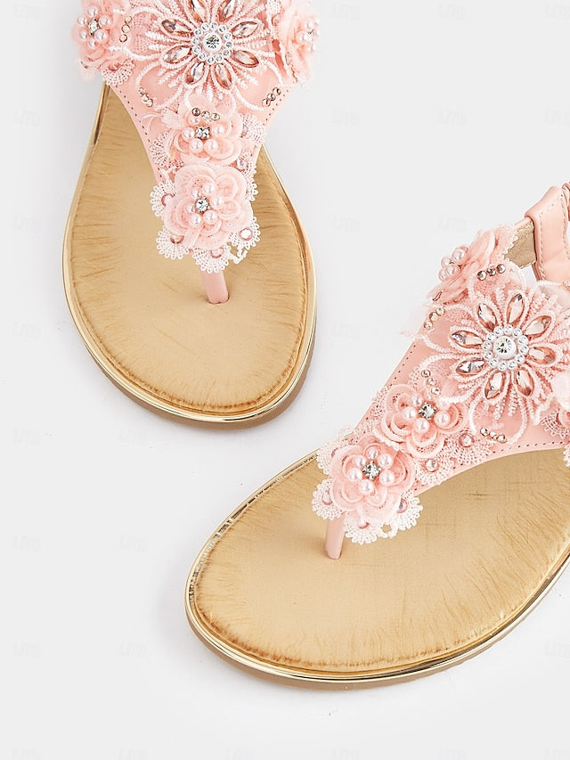 Women's – Lace Floral Pink Sandals T-Strap Embellished