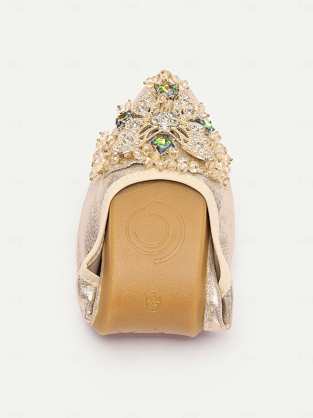 with Gold Crystal Glitter Foldable Flats Women's