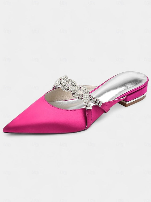 with - Detailing Mule Blue Rhinestone Pointed-Toe Satin Heels