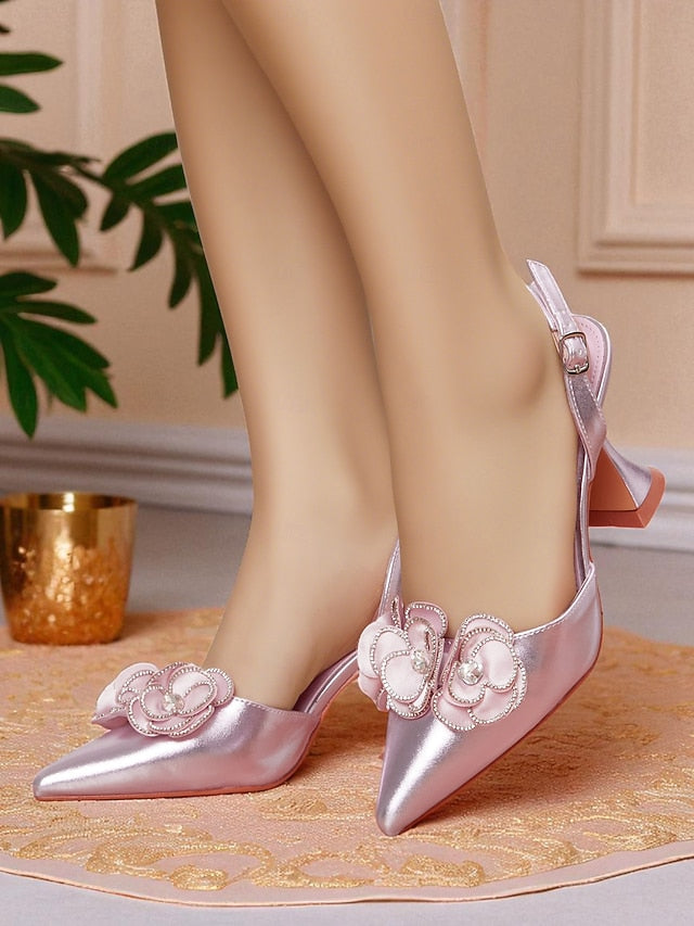 Satin Pointed with Women's Pink Heels Floral Toe