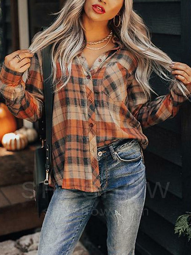Women's Blouse Buttons Print Plaid Vintage Casual Long