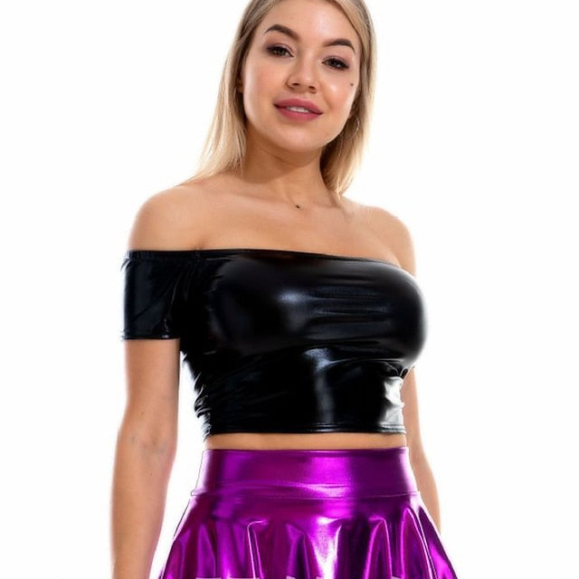 Metallic 1980s Shiny Latex Patent Crop Top PU Leather Off