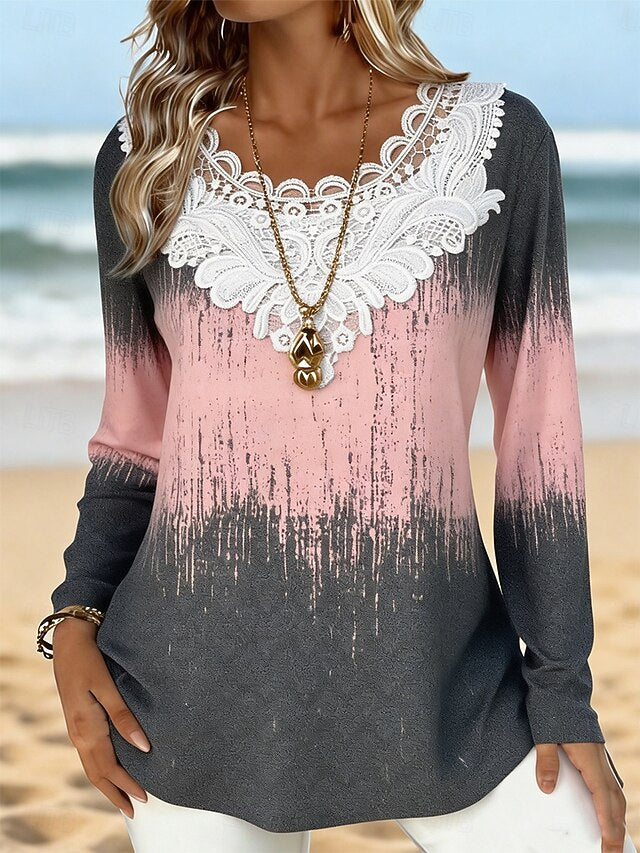Women's T Shirt Lace Eyelet Ombre Graphic Abstract Fashion
