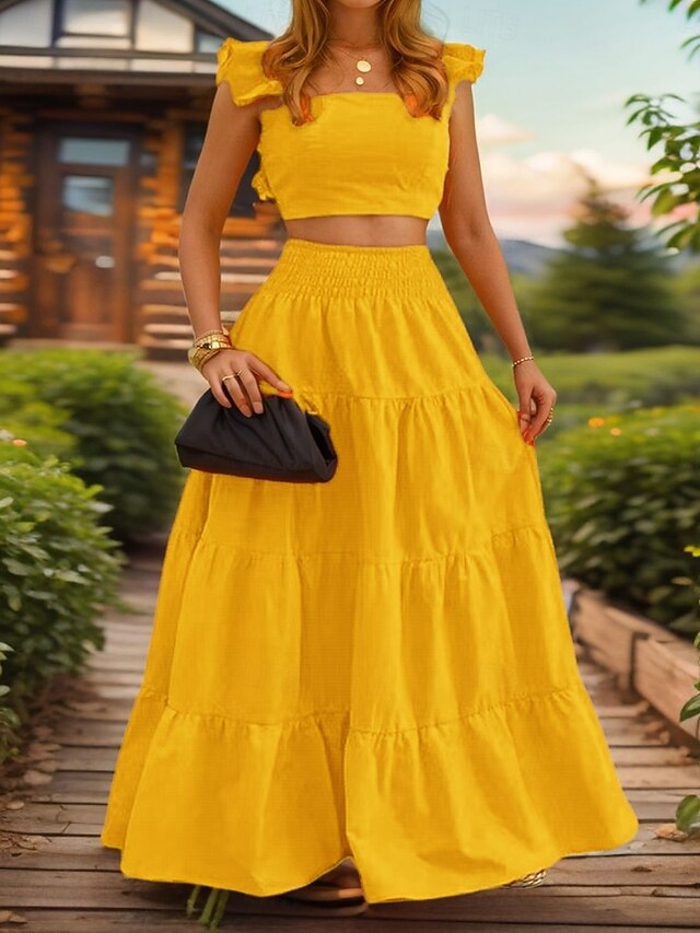 Women's Skirt Sets Sleeveless Square Neck Plain Ruched