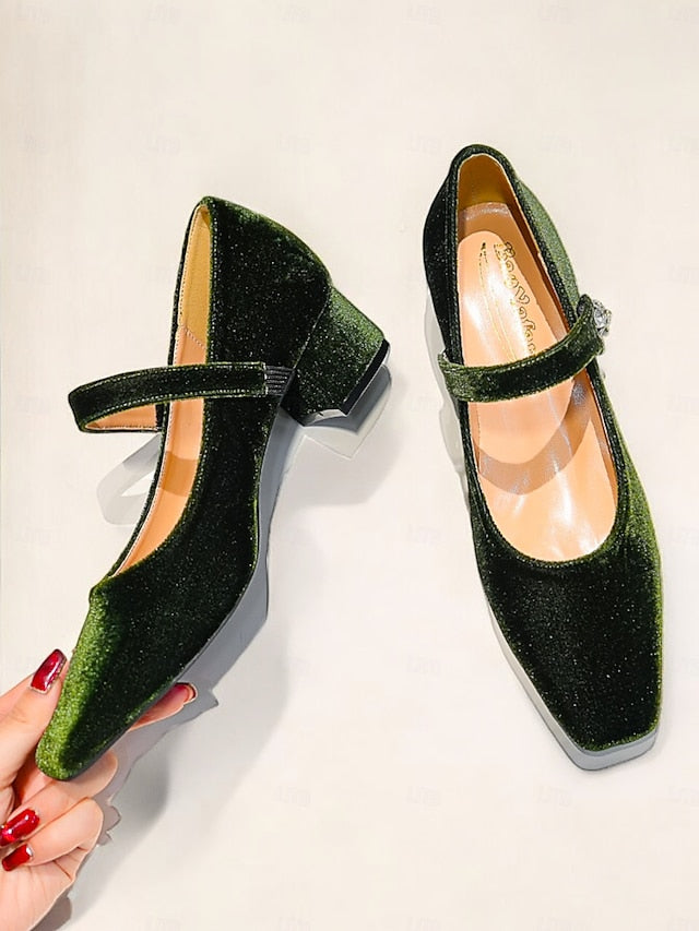 Green Women's Mary - Jane Block Toe Velvet Pumps Square