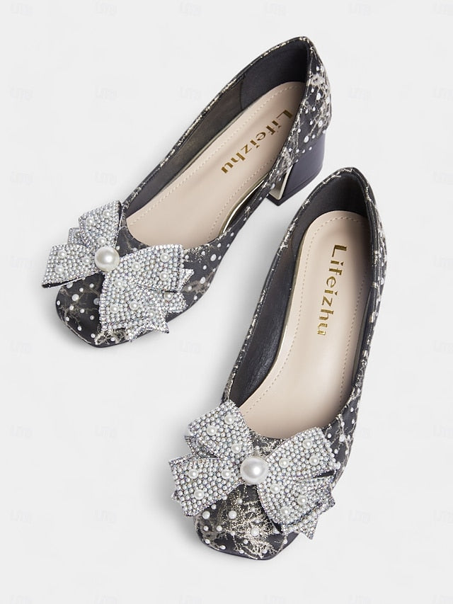Bow Pumps and Gold – with Pearl-Embellished Detail Black