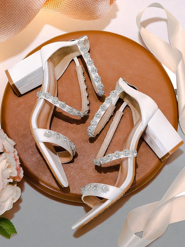 Rhinestone Open Sandals Heel White Elegant Block Women's -