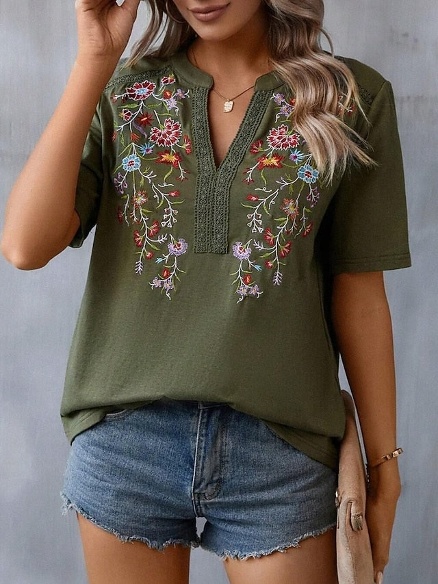 Women's Shirt Blouse Embroidered Floral Stylish Casual
