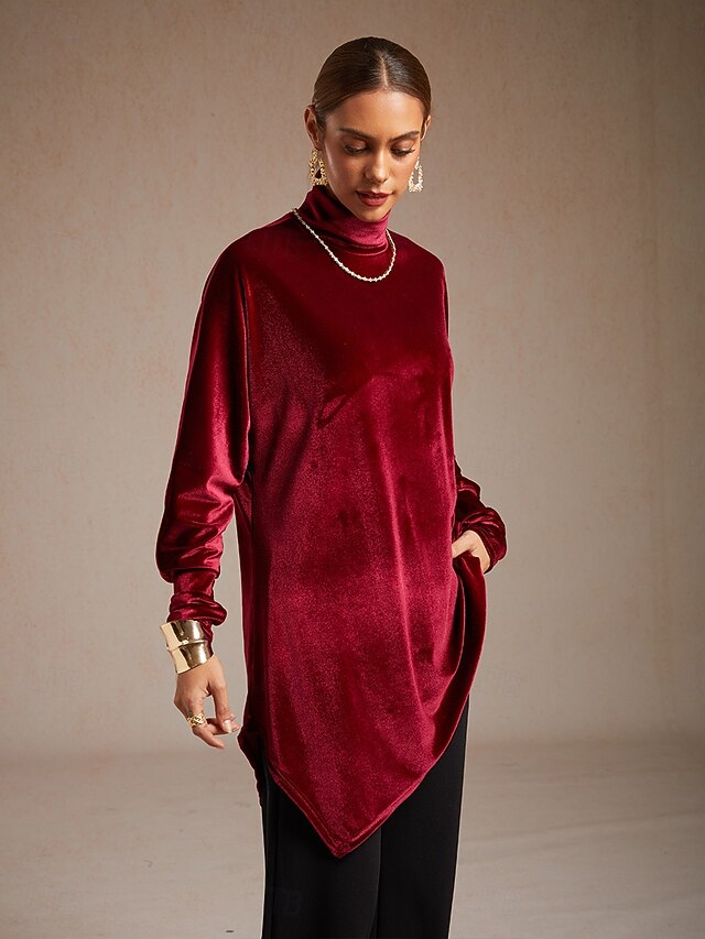 Christmas Women's Velvet Dressy Tops Asymmetric Elegant