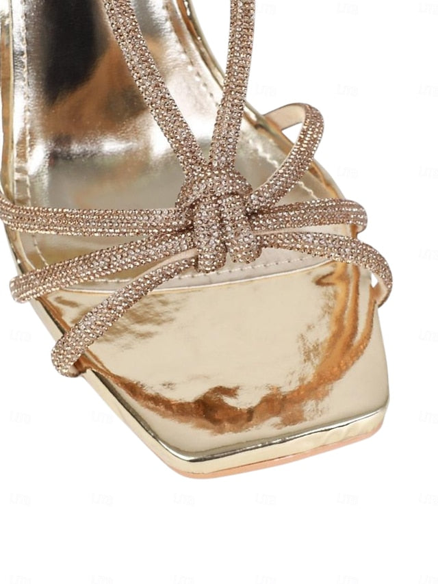 Toe with Heels Rhinestone Women's Stiletto Strappy Square