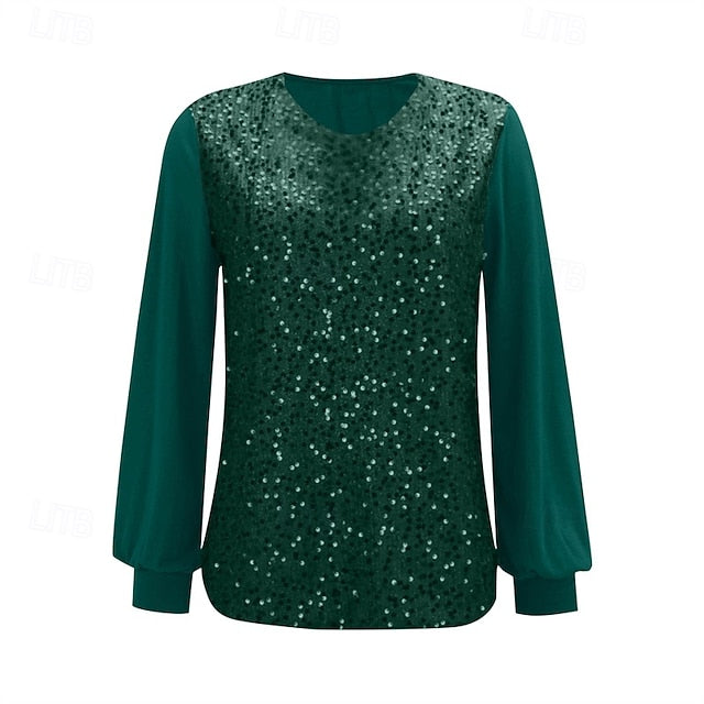 Women's T Shirt Tee Top Sequins Patchwork Solid Color