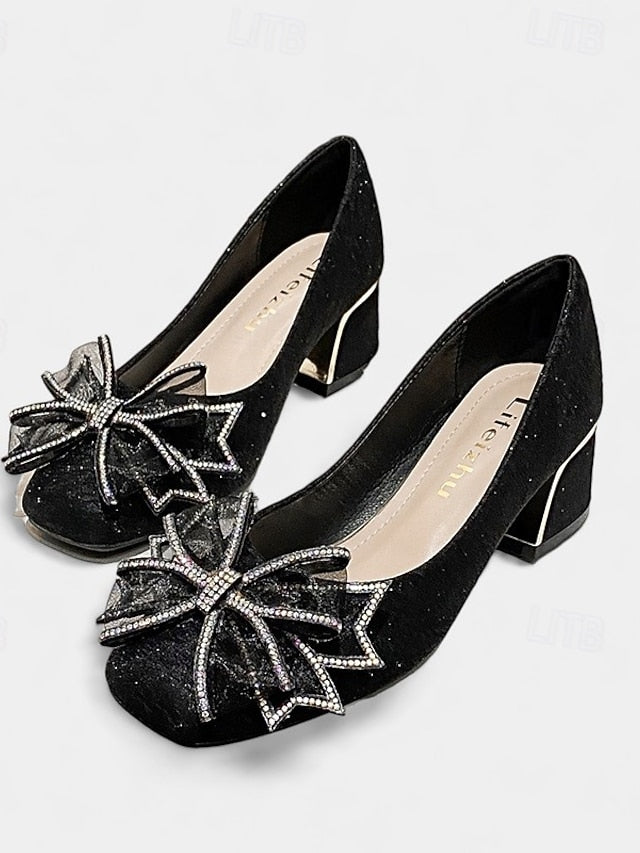 Gold Pumps Glitter - Heel Decoration Bow Women's Block with