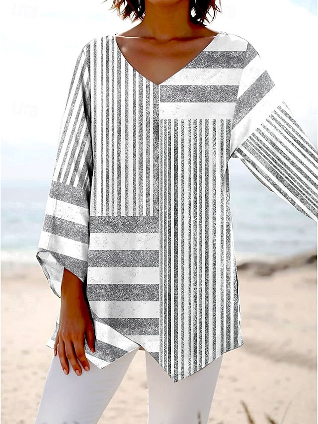 Women's Blouse Long Sleeve Asymmetrical Hem Graphic Striped