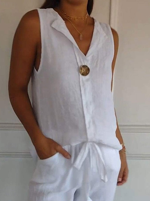 Women's Shirt Button Up Blouse Faux Cotton Linen Solid