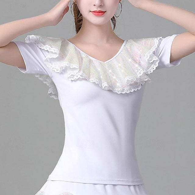 Latin Dance Ballroom Dance Top Ruffles Pure Color Splicing