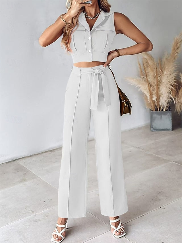 Women's Pants Sets Bolero Top Sleeveless Shirt Collar Plain