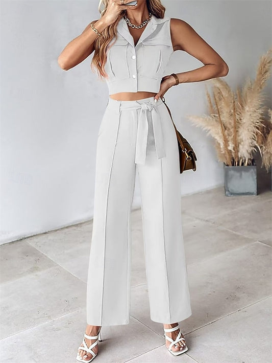 Women's Pants Sets Bolero Top Sleeveless Shirt Collar Plain