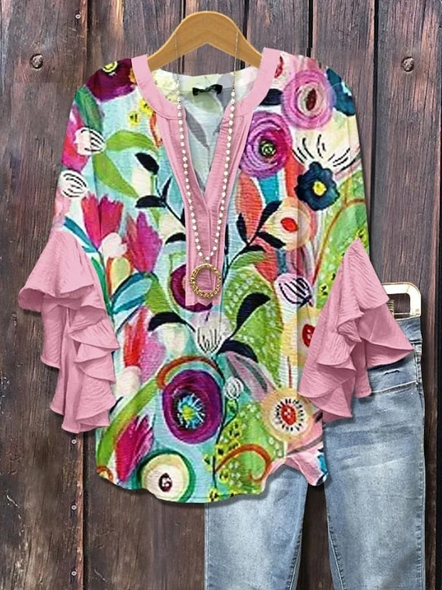 Easter Women's Blouse V Neck Floral Graphic Elegant Bohemia