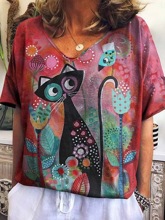 Women's T Shirt Floral Cat Fashion Modern Casual Short