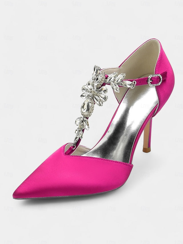 Women's Navy Toe – Pointed Blue T-Strap Satin Heels