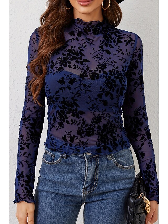 Women's Blouse Mesh Plain Stylish Long Sleeve High Neck