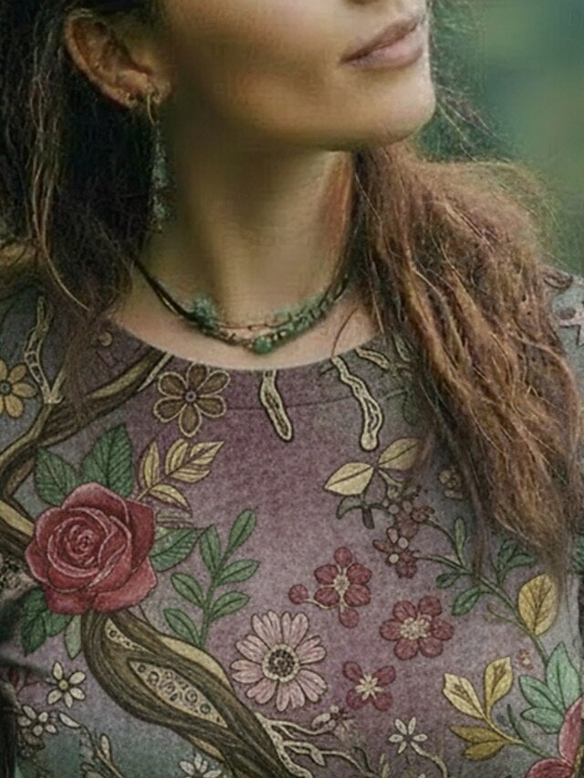 Women's Viking T Shirt Floral Graphic Bohemia Vintage
