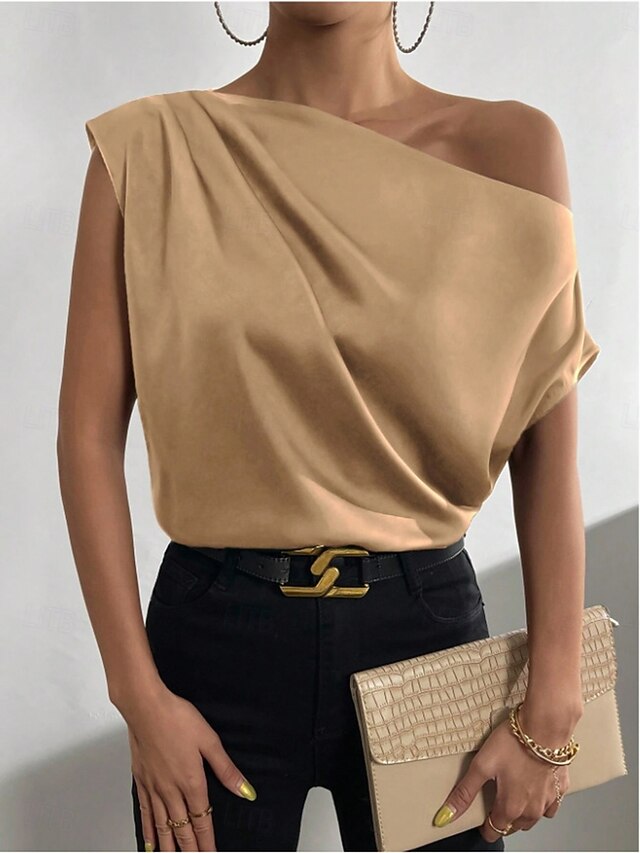 Women's Satin Tank T Shirt Tee Top Asymmetrical Plain