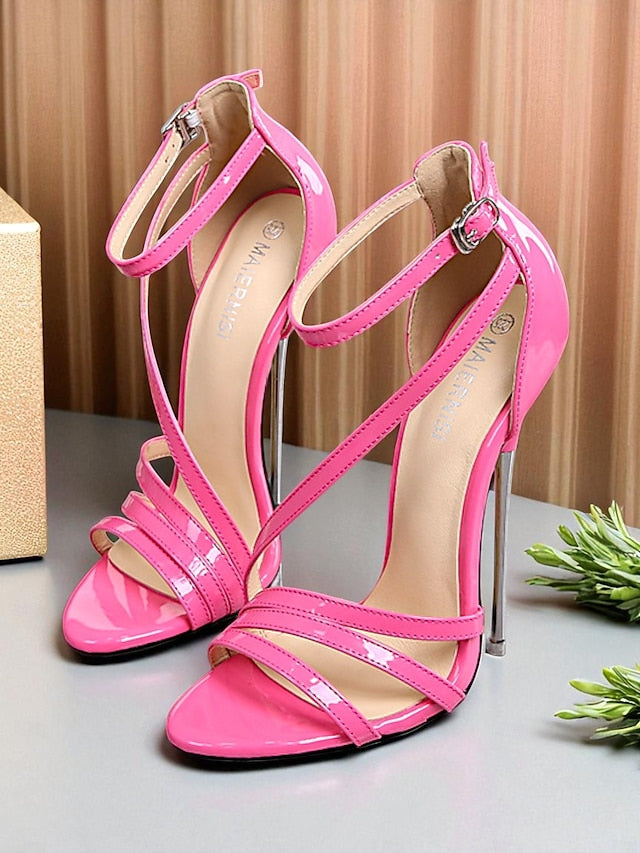 Red Stiletto Strappy High Sandals Heels Patent PU - Women's