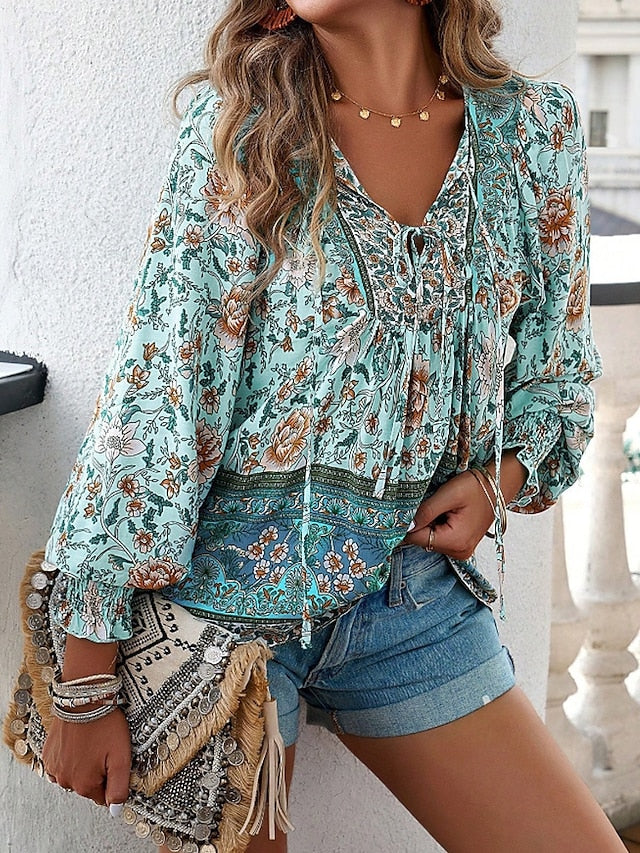 Women's Boho Shirt Blouse Print Flower Modern Boho Long