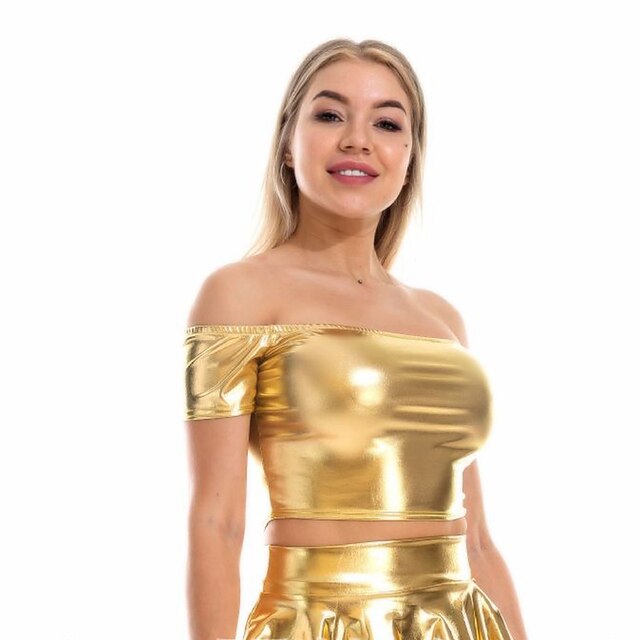 Metallic 1980s Shiny Latex Patent Crop Top PU Leather Off