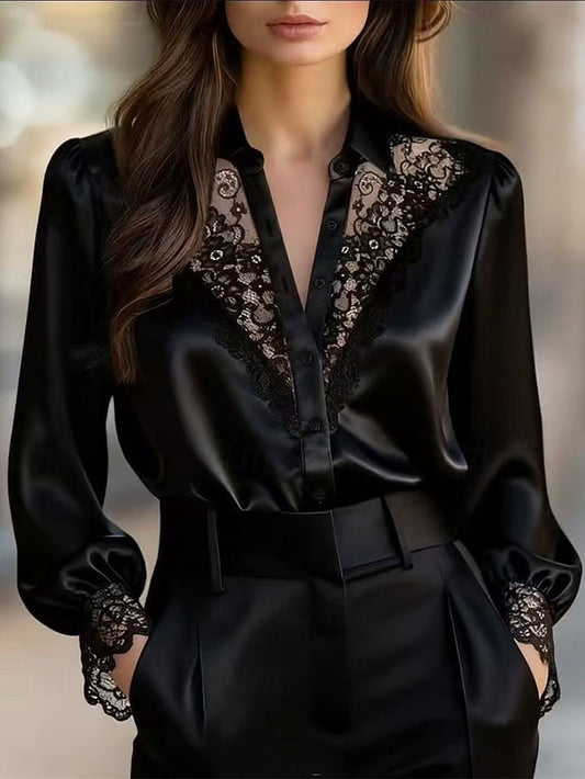 Women's Shirt Elegant Satin Top Blouse Ruched Lace