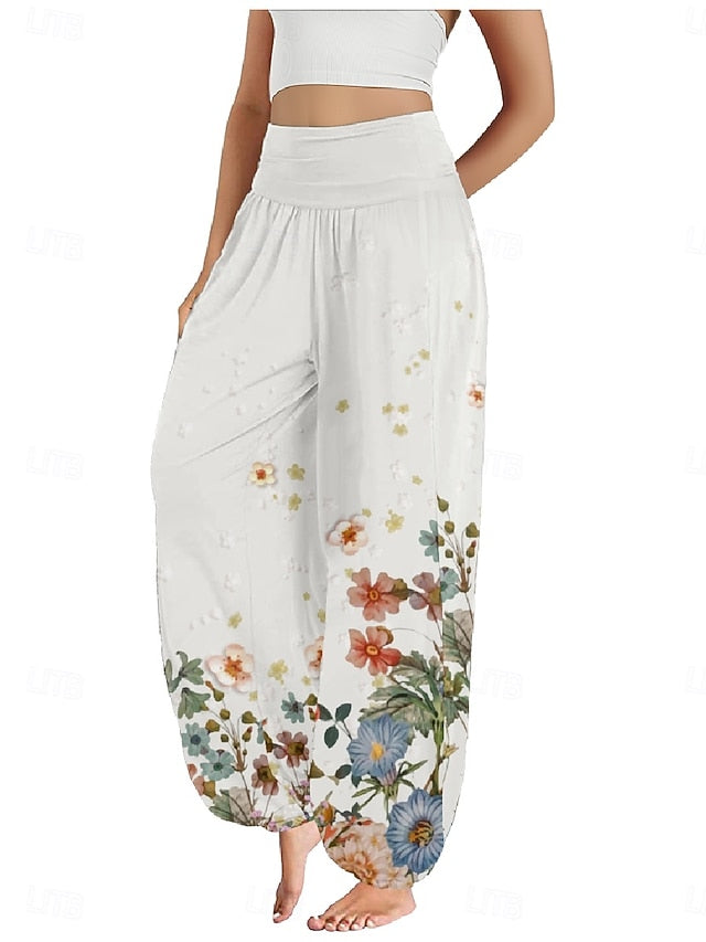 Women's Faux Cotton Linen Wide Leg Pants Trousers Ethnic
