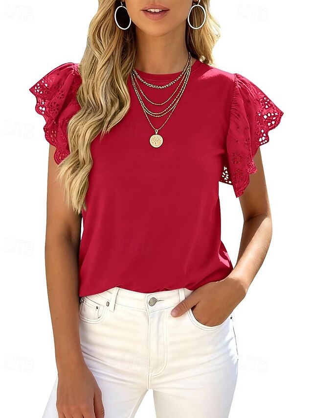 Women's T Shirt Eyelet Plain Classic Casual Short Sleeve