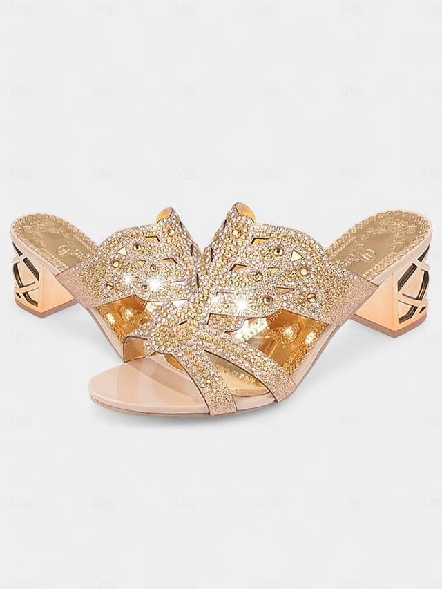 Rhinestone Embellished Heeled Gold and - Sandals Green