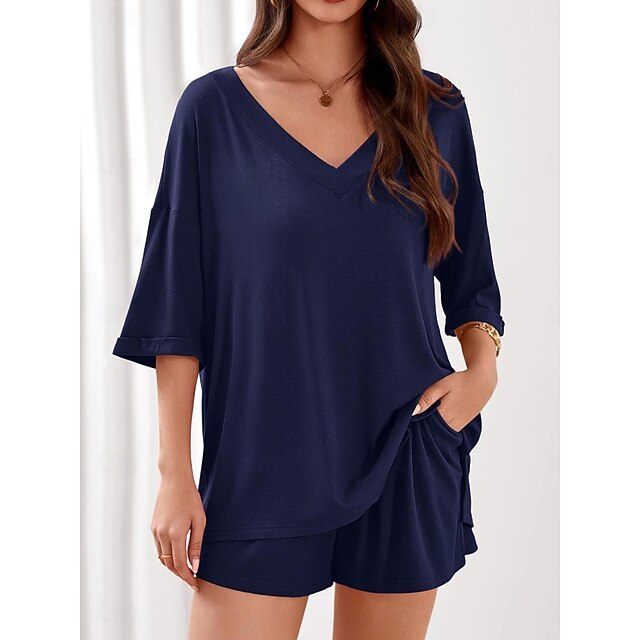 Women's Shorts Sets 3/4 Length Sleeve V Neck Solid Color