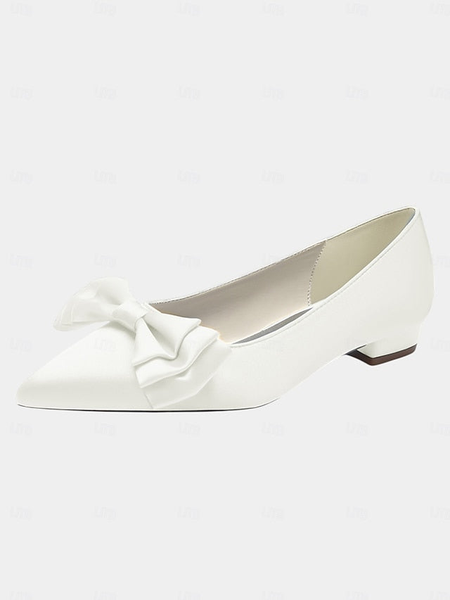 Women's Pointed Satin Bow Green - Flats Toe Elegant