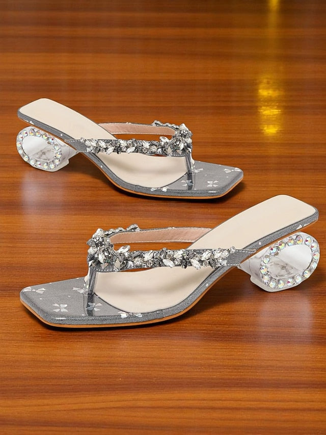 Silver Women's Open Heels Sparkly - Sandals Rhinestone Toe