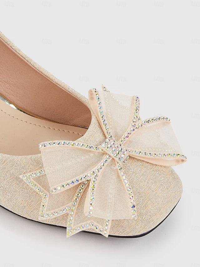 Gold Pumps Glitter - Heel Decoration Bow Women's Block with