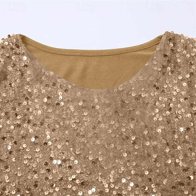 Women's T Shirt Tee Top Sequins Patchwork Solid Color