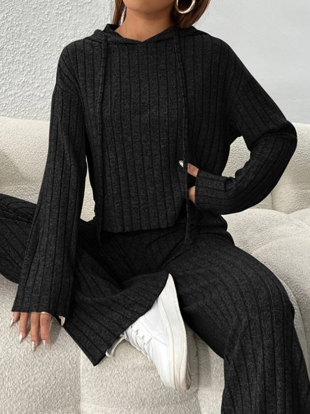 Women's Pants Sets Bolero Top Long Sleeve Hooded Solid