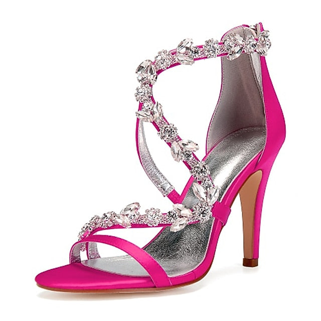 Women's Floral High Satin with Pink Rhinestone Sandals Heel