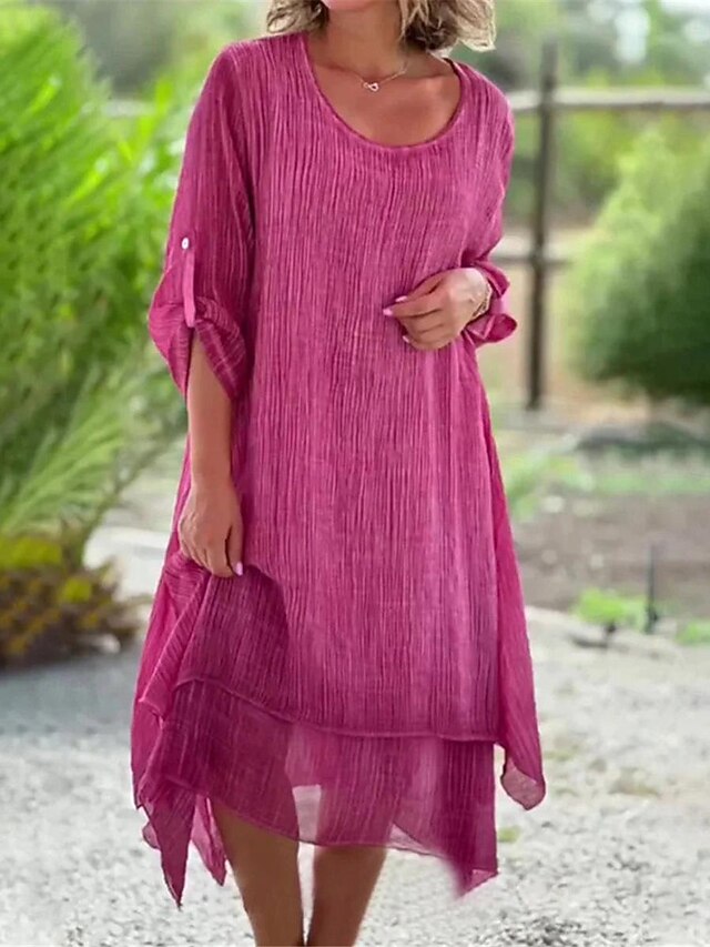 Women's Blue Rose Red Summer Spring Midi Dress Cotton Linen