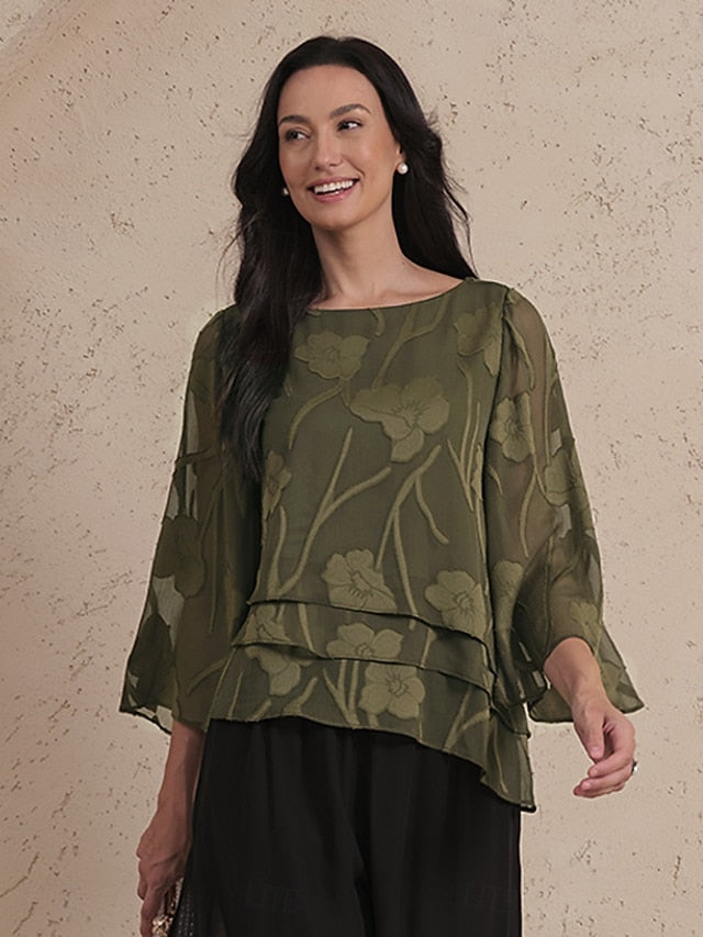 Women's Sheer Blouse Chiffon Tops Lace Asymmetric Hem